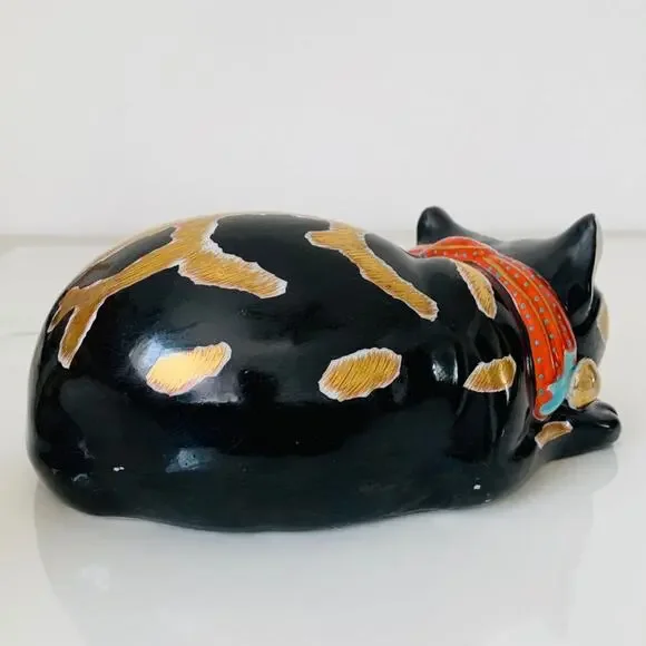 Antique Sleeping Cat Nemuri Neko Kutani Imari Porcelain Cat Japan Gilded